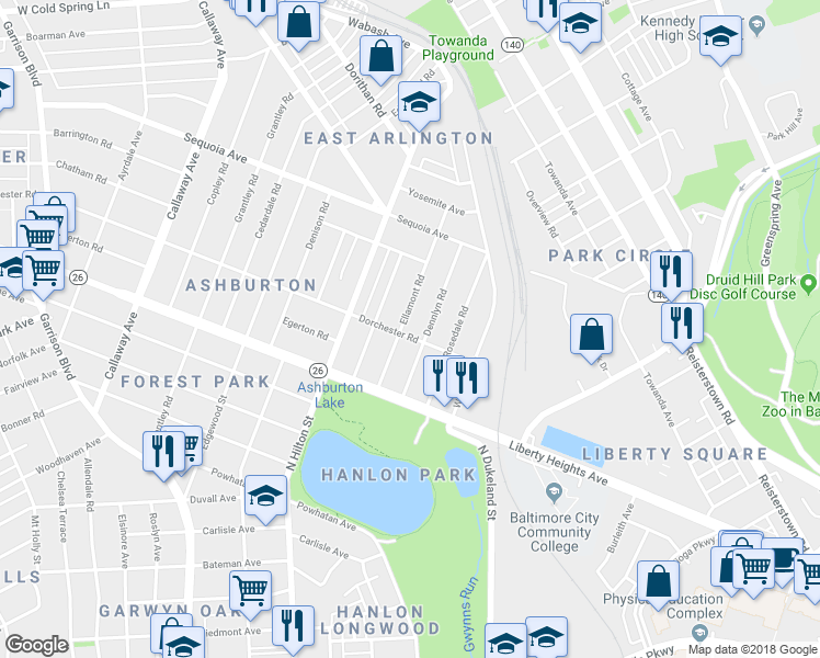 map of restaurants, bars, coffee shops, grocery stores, and more near 3501 Ellamont Road in Baltimore