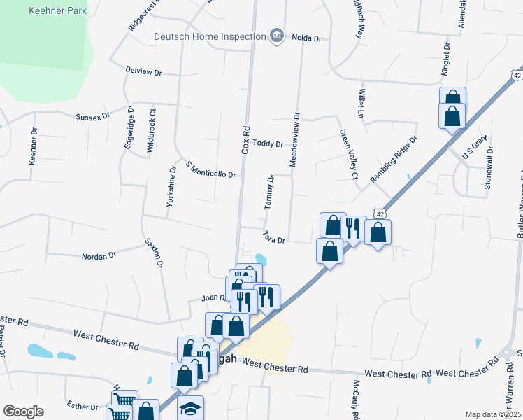 map of restaurants, bars, coffee shops, grocery stores, and more near 8899 Tammy Drive in Butler County