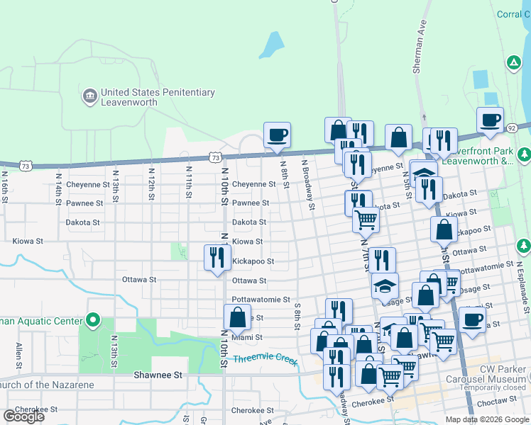 map of restaurants, bars, coffee shops, grocery stores, and more near 908 North 9th Street in Leavenworth