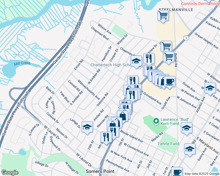 map of restaurants, bars, coffee shops, grocery stores, and more near 116 Osborne Road in Somers Point