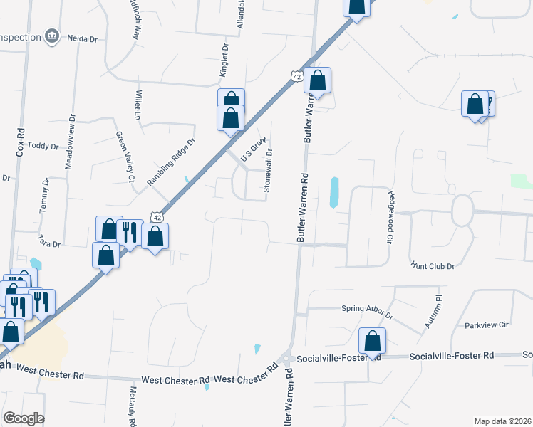 map of restaurants, bars, coffee shops, grocery stores, and more near 8330 Taffy Drive in Butler County