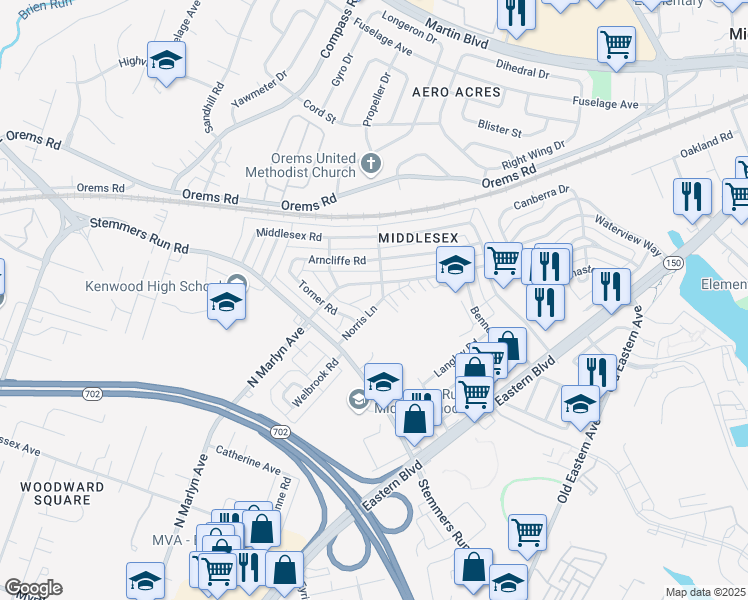 map of restaurants, bars, coffee shops, grocery stores, and more near 720 Norris Lane in Essex