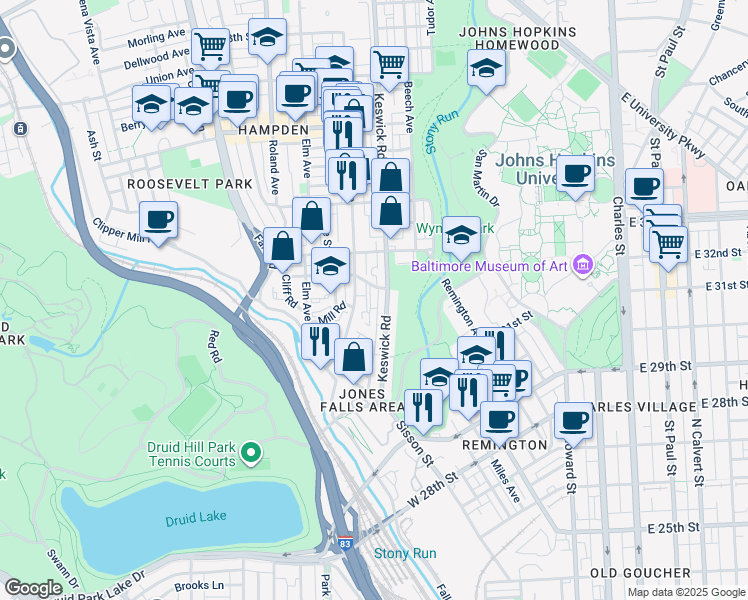 map of restaurants, bars, coffee shops, grocery stores, and more near 3131 Tilden Drive in Baltimore