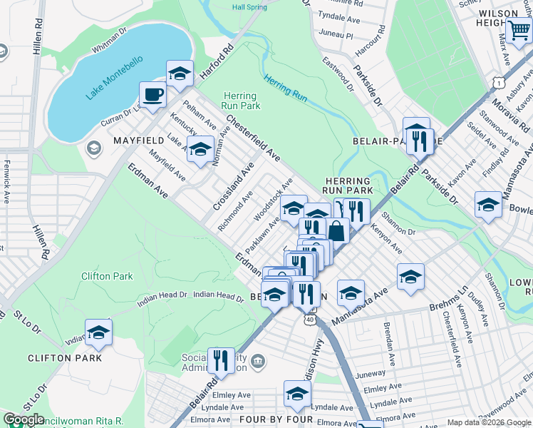 map of restaurants, bars, coffee shops, grocery stores, and more near 3449 Woodstock Avenue in Baltimore
