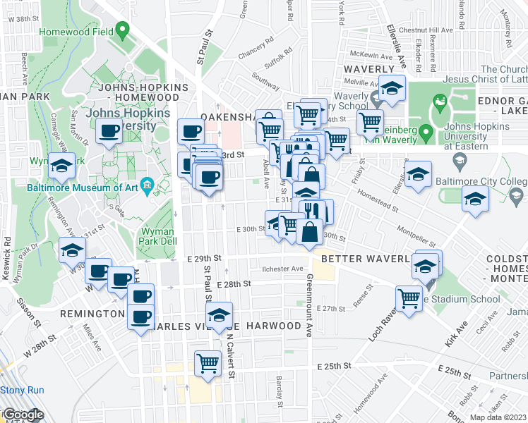 map of restaurants, bars, coffee shops, grocery stores, and more near 3032 Abell Avenue in Baltimore