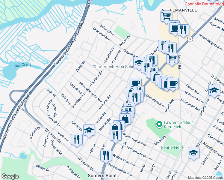 map of restaurants, bars, coffee shops, grocery stores, and more near 116 Osborne Road in Somers Point