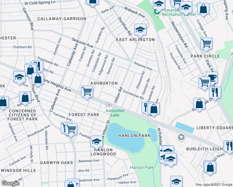 map of restaurants, bars, coffee shops, grocery stores, and more near 3406 Hilton Road in Baltimore
