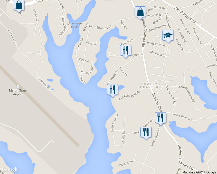 map of restaurants, bars, coffee shops, grocery stores, and more near 3501 Glenwood Road in Middle River