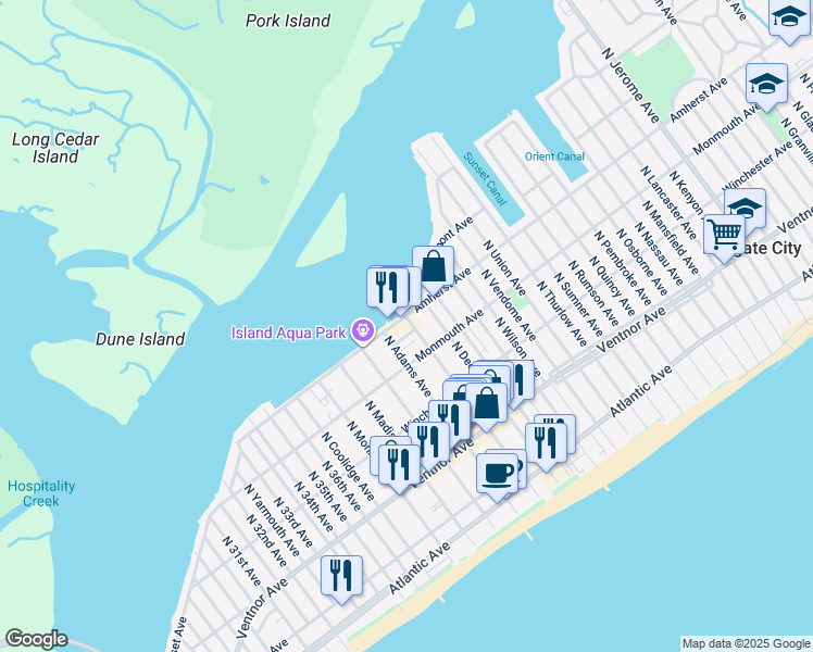 map of restaurants, bars, coffee shops, grocery stores, and more near 9300 Amherst Avenue in Margate City