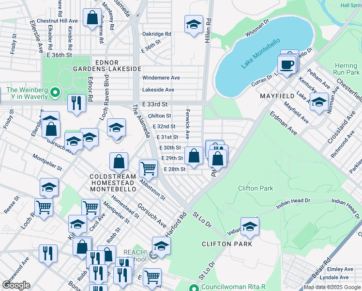 map of restaurants, bars, coffee shops, grocery stores, and more near 1722 East 30th Street in Baltimore