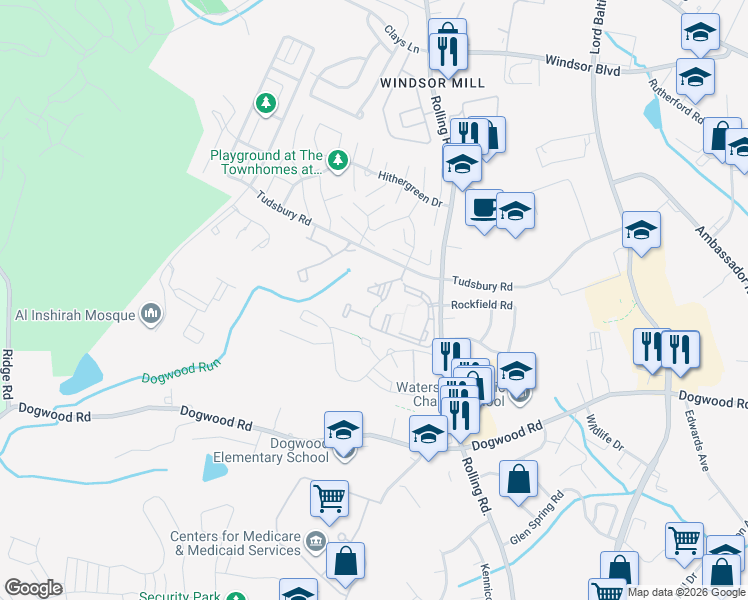 map of restaurants, bars, coffee shops, grocery stores, and more near 7201 Bogley Road in Baltimore