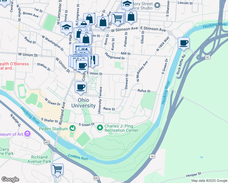 map of restaurants, bars, coffee shops, grocery stores, and more near 58 East Green Drive in Athens