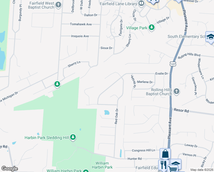 map of restaurants, bars, coffee shops, grocery stores, and more near 1352 Evalie Drive in Fairfield