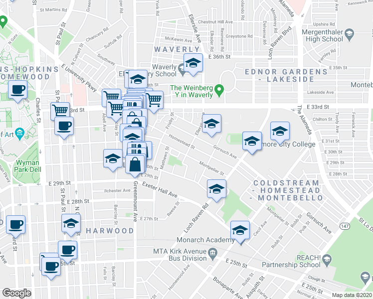 map of restaurants, bars, coffee shops, grocery stores, and more near 3116 Ellerslie Avenue in Baltimore