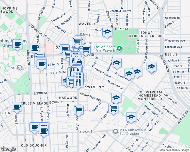 map of restaurants, bars, coffee shops, grocery stores, and more near 3049 Mathews Street in Baltimore