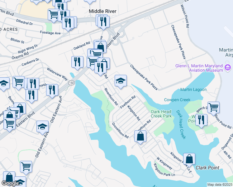 map of restaurants, bars, coffee shops, grocery stores, and more near 204 Kingston Road in Middle River