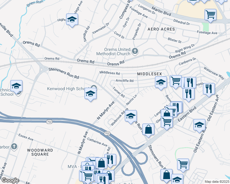 map of restaurants, bars, coffee shops, grocery stores, and more near 417 Torner Road in Essex