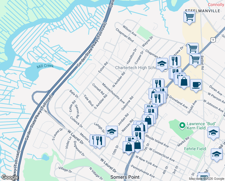map of restaurants, bars, coffee shops, grocery stores, and more near 1021 Massachusetts Avenue in Somers Point