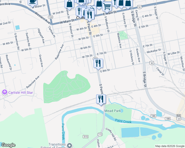 map of restaurants, bars, coffee shops, grocery stores, and more near 26 West 8th Street in Chillicothe