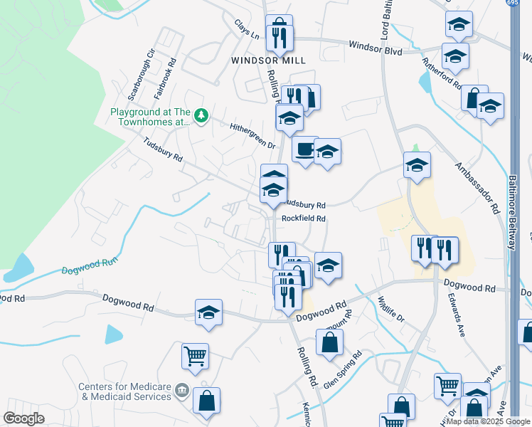 map of restaurants, bars, coffee shops, grocery stores, and more near 2423 Bibury Lane in Milford Mill