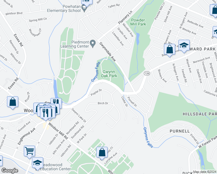 map of restaurants, bars, coffee shops, grocery stores, and more near 6009 Gwynn Oak Avenue in Woodlawn