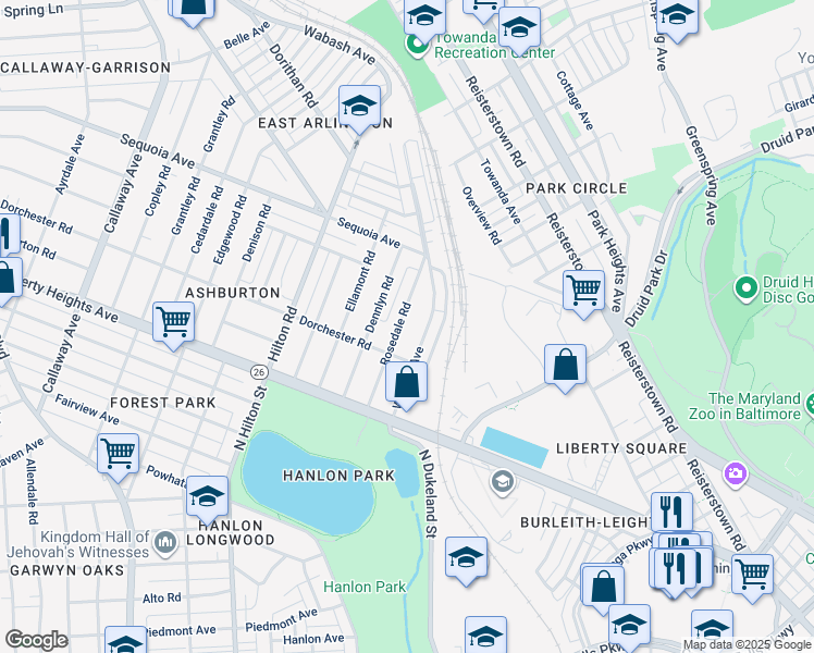 map of restaurants, bars, coffee shops, grocery stores, and more near 3511 Rosedale Road in Baltimore