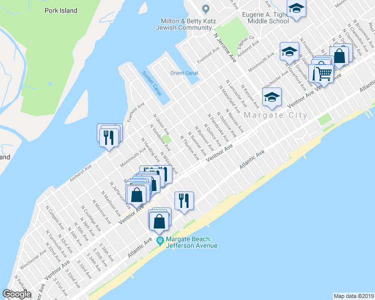 map of restaurants, bars, coffee shops, grocery stores, and more near 12 North Thurlow Avenue in Margate City