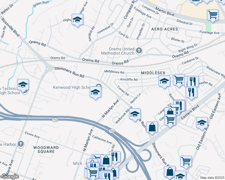 map of restaurants, bars, coffee shops, grocery stores, and more near 448 Stemmers Run Road in Essex