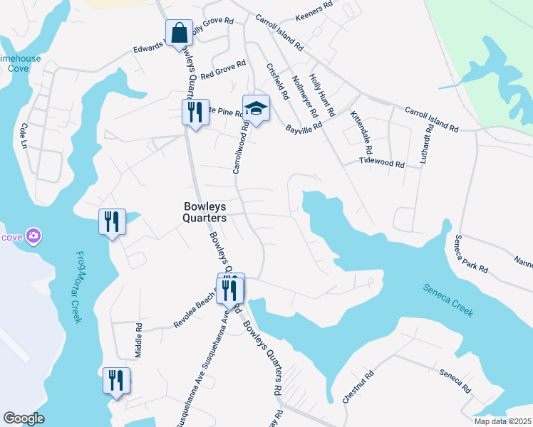 map of restaurants, bars, coffee shops, grocery stores, and more near 14 Windward Way in Middle River
