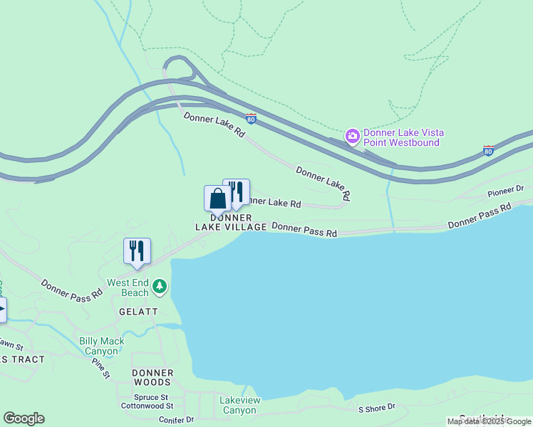 map of restaurants, bars, coffee shops, grocery stores, and more near 15510 Donner Pass Road in Truckee