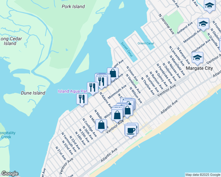 map of restaurants, bars, coffee shops, grocery stores, and more near 9300 Amherst Avenue in Margate City