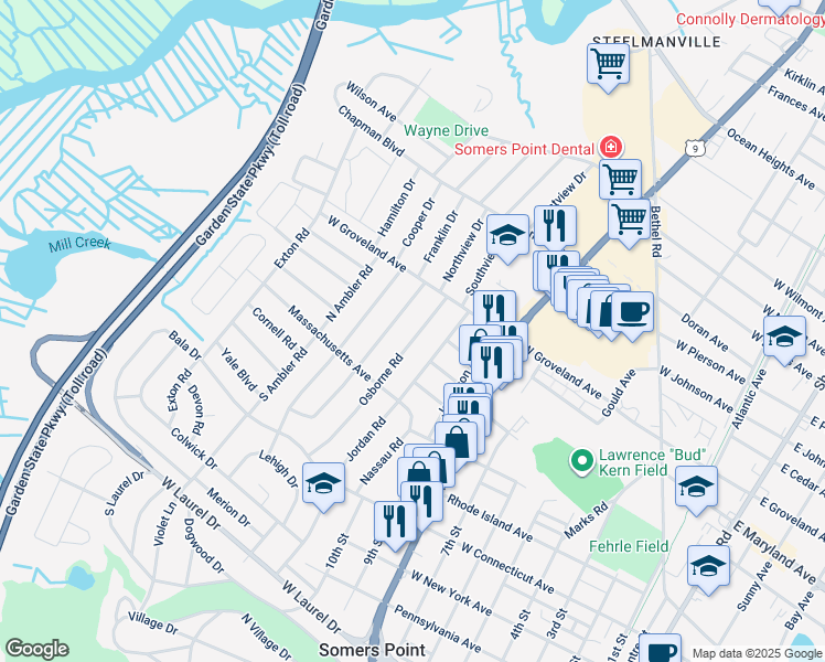 map of restaurants, bars, coffee shops, grocery stores, and more near 116 Osborne Road in Somers Point