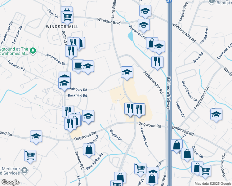 map of restaurants, bars, coffee shops, grocery stores, and more near 2560 Lord Baltimore Drive in Milford Mill