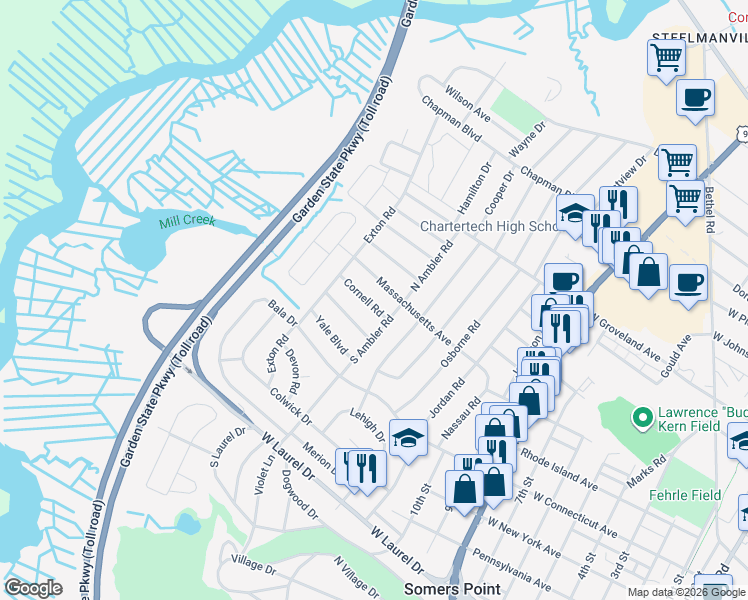 map of restaurants, bars, coffee shops, grocery stores, and more near 1 Cornell Road in Somers Point