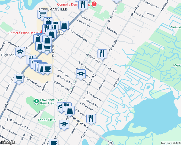 map of restaurants, bars, coffee shops, grocery stores, and more near 16 West Wilmont Avenue in Somers Point