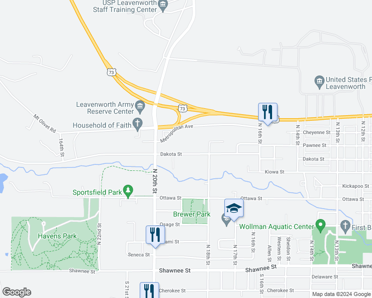 map of restaurants, bars, coffee shops, grocery stores, and more near 1900 Dakota Street in Leavenworth