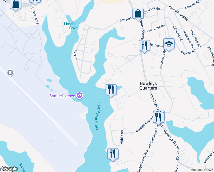 map of restaurants, bars, coffee shops, grocery stores, and more near 3501 Glenwood Road in Middle River