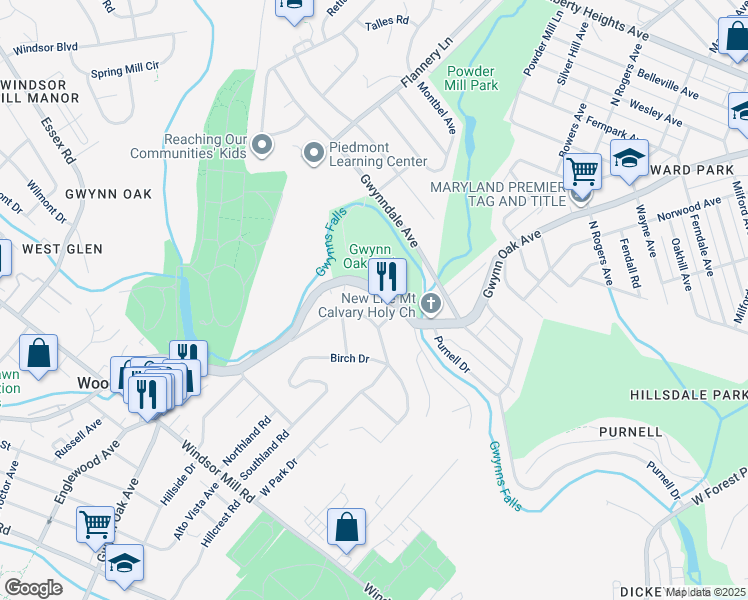 map of restaurants, bars, coffee shops, grocery stores, and more near 6009 Gwynn Oak Avenue in Woodlawn