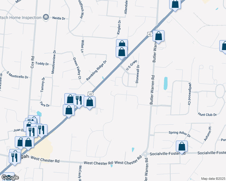 map of restaurants, bars, coffee shops, grocery stores, and more near 8225 Taffy Drive in Butler County