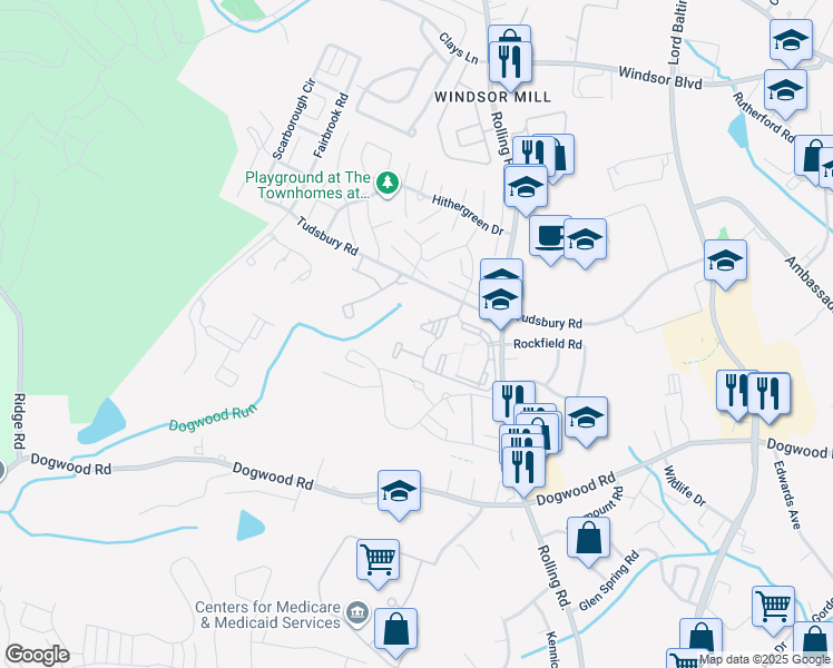 map of restaurants, bars, coffee shops, grocery stores, and more near 7205 Bogley Road in Baltimore