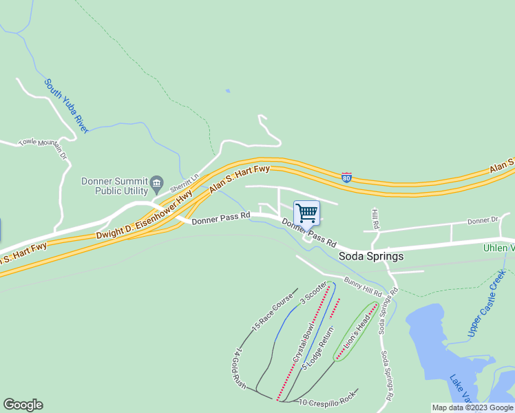 map of restaurants, bars, coffee shops, grocery stores, and more near 21908 Donner Pass Road in Soda Springs