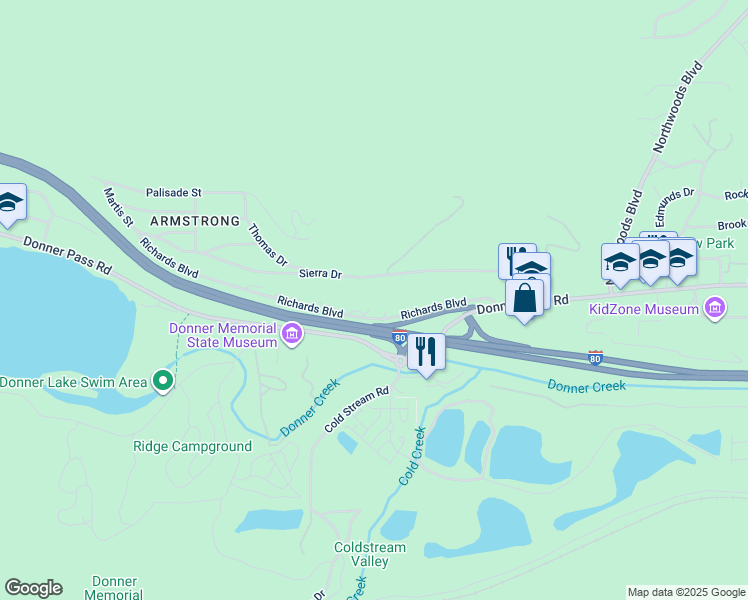 map of restaurants, bars, coffee shops, grocery stores, and more near 12356 Richards Boulevard in Truckee
