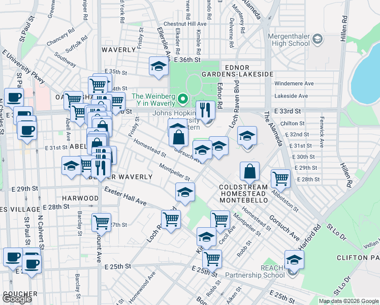 map of restaurants, bars, coffee shops, grocery stores, and more near 1118 Gorsuch Avenue in Baltimore