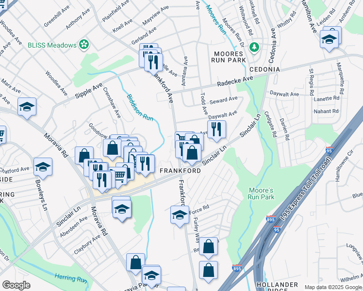 map of restaurants, bars, coffee shops, grocery stores, and more near 5204 Frankford Avenue in Baltimore