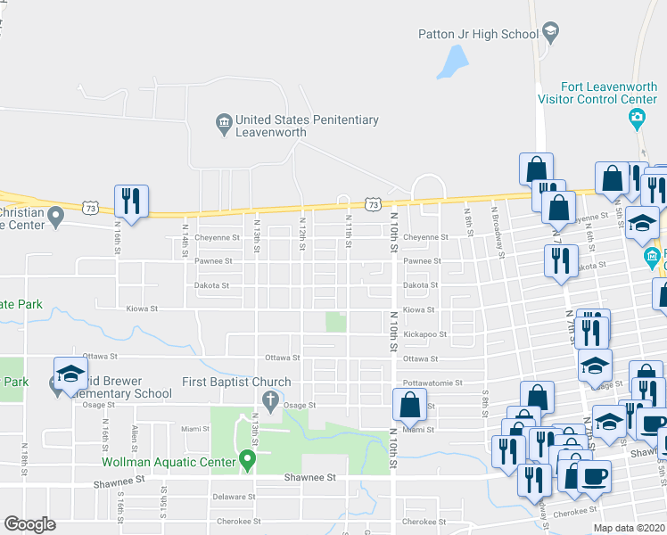 map of restaurants, bars, coffee shops, grocery stores, and more near 1111 Pawnee Street in Leavenworth