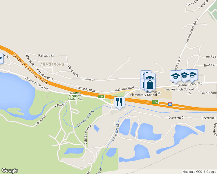 map of restaurants, bars, coffee shops, grocery stores, and more near 12356 Richards Boulevard in Truckee