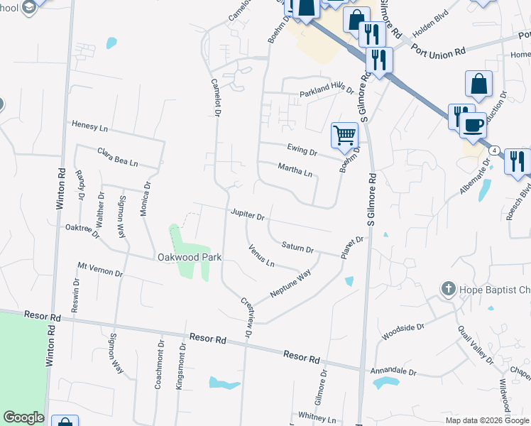map of restaurants, bars, coffee shops, grocery stores, and more near 2698 Jupiter Drive in Fairfield