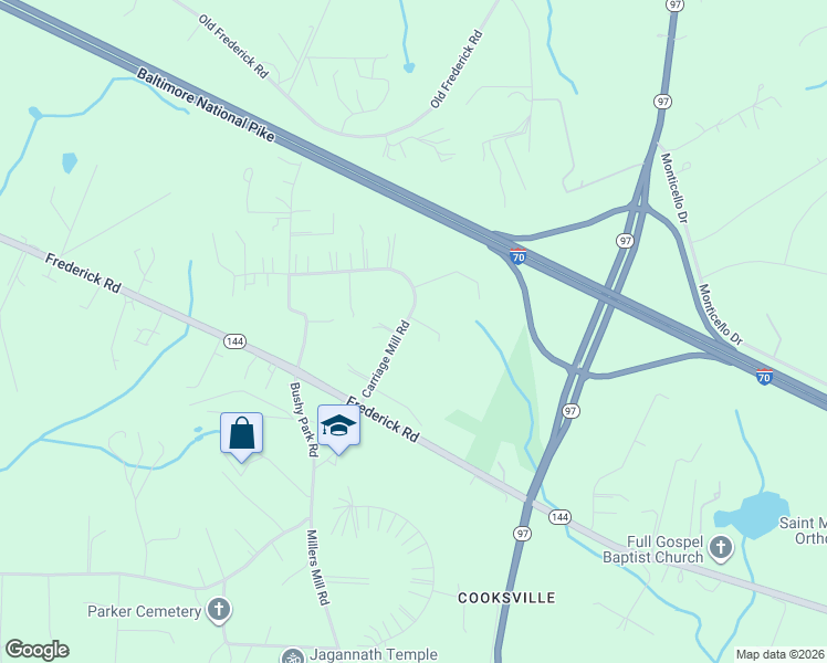 map of restaurants, bars, coffee shops, grocery stores, and more near 14732 Carriage Mill Road in Woodbine