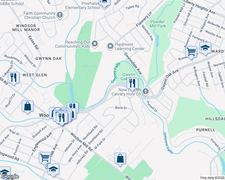 map of restaurants, bars, coffee shops, grocery stores, and more near 6033 Gwynn Oak Avenue in Woodlawn