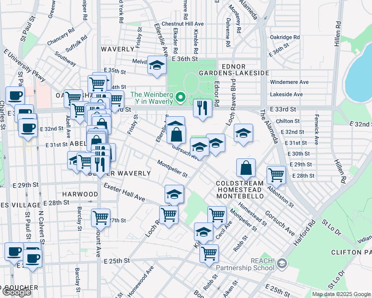 map of restaurants, bars, coffee shops, grocery stores, and more near 1114 Gorsuch Avenue in Baltimore